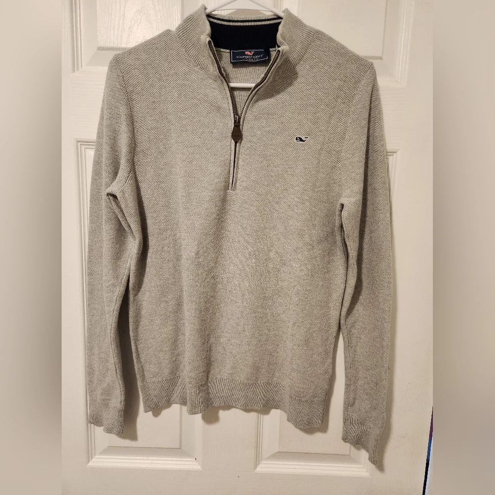Vineyard Vines Men's 1/4 Zip Sweater Size L‎ Gray Pullover Whale Logo Cotton